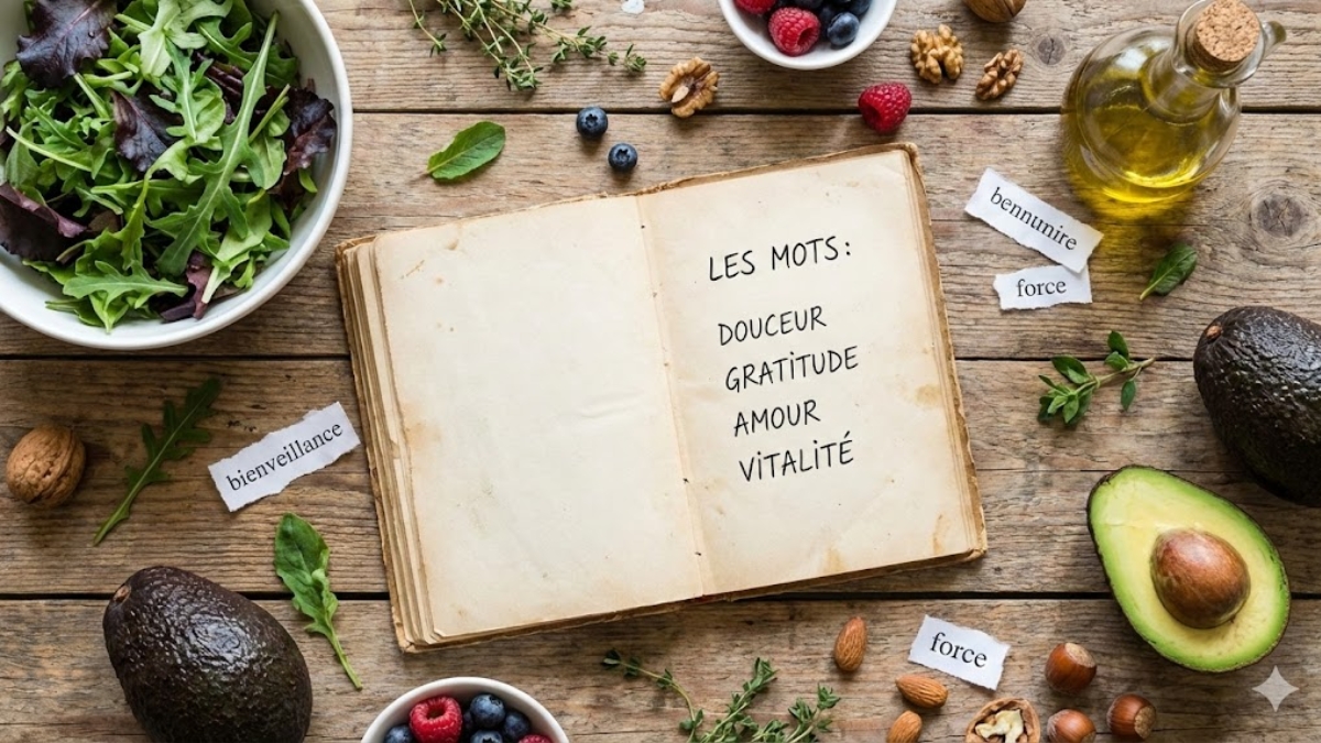 Personne méditant devant une assiette végétale, symbolisant la connexion entre mots et nutrition